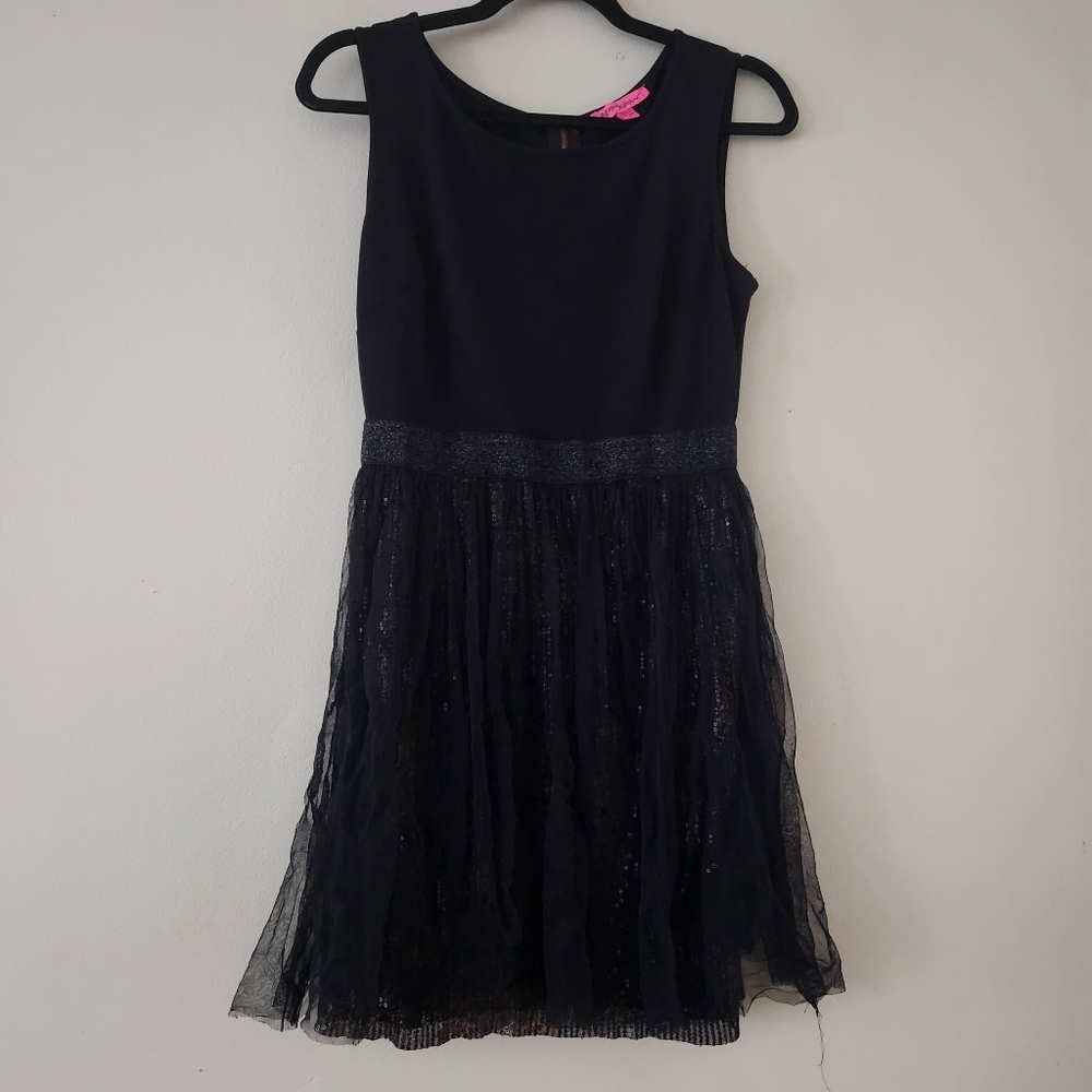 Betsey Johnson Black Sleeveless Dress Gold Skirt Sequin Mesh Size 8 Y2K HOCO Min